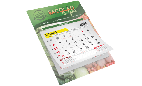 Calendário de Parede com Furo e Bloco de Calendário 2024 - Couchê 300g - UV Total Frente - 27x20 - 250